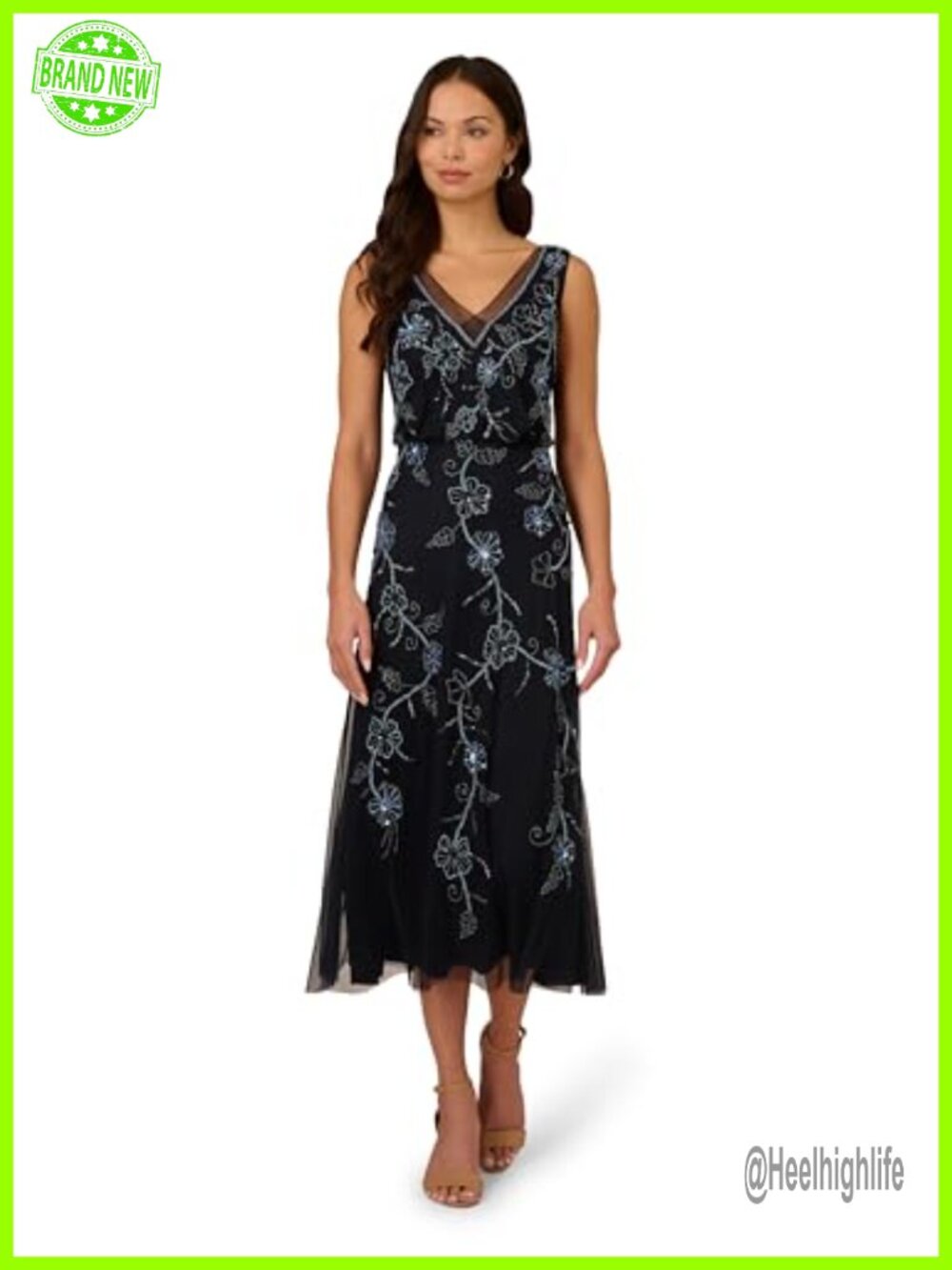 Sleeveless Beaded Midi Dress V-Neck Floral Embellished Cocktail